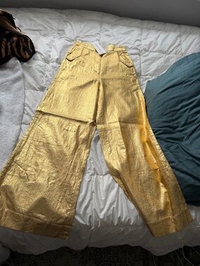 Gold Metallic Wide-Leg Pants with High Waist